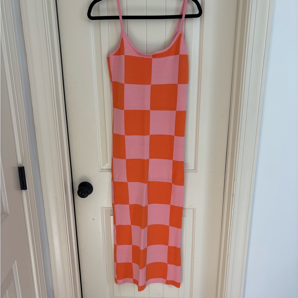 Pink and Orange Checkered Knit Bodycon Dress